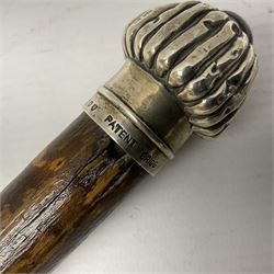 Victorian walking stick, the fluted silver pommel set with banded agate, hallmarked London 1892, maker's mark indistinct, L84cm