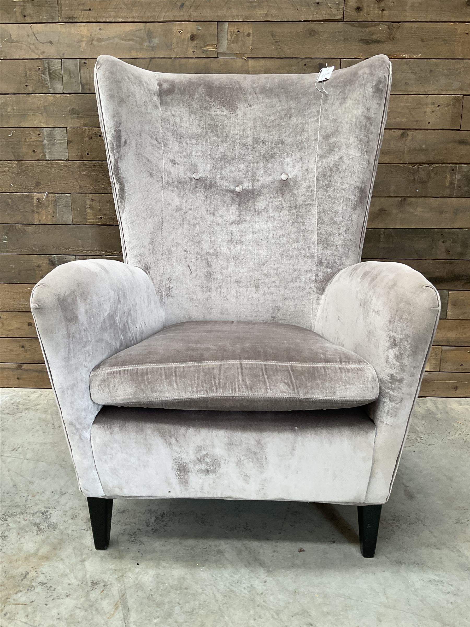 2 x Wing back armchair upholstered in silver crushed velvet fabric