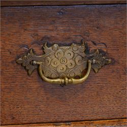 George III oak chest, moulded rectangular top over two short and three long drawers, shaped handles plates with engraved decoration, on bracket feet