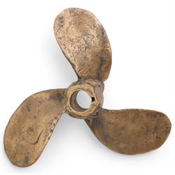 Two brass boat propellors, W37cm max, together with a wooden ships pulley (3)