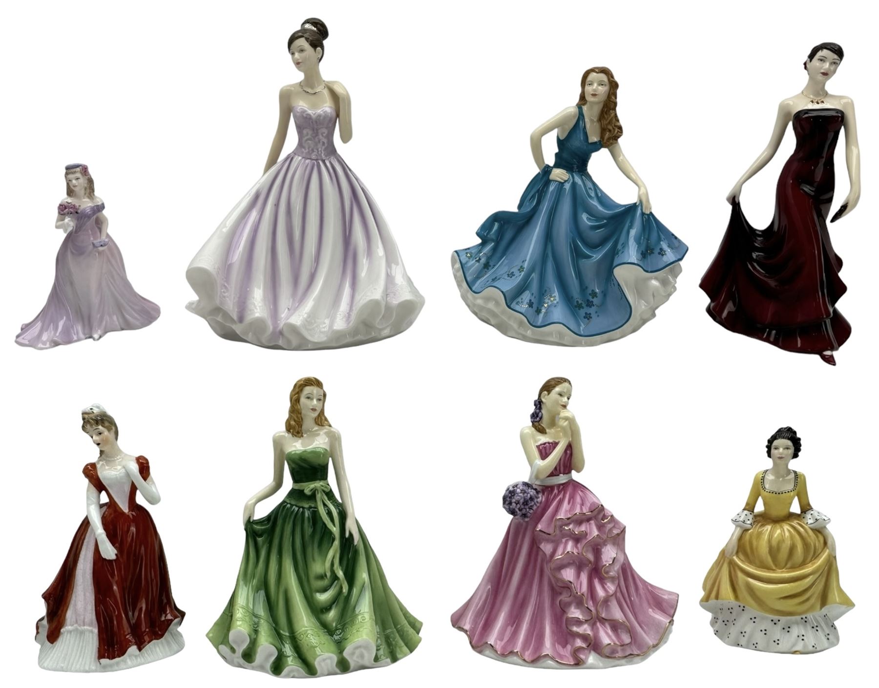 Four Royal Doulton Pretty Ladies 'Coralie' HN4929, 'Pamela' HN5407, Samantha HN5260, and 'Rebecca' HN5516; together with two The English Ladies Co figures 'Lady Epsom' and 'Lady Windsor'; Coalport 'Caroline' and another porcelain lady (8)