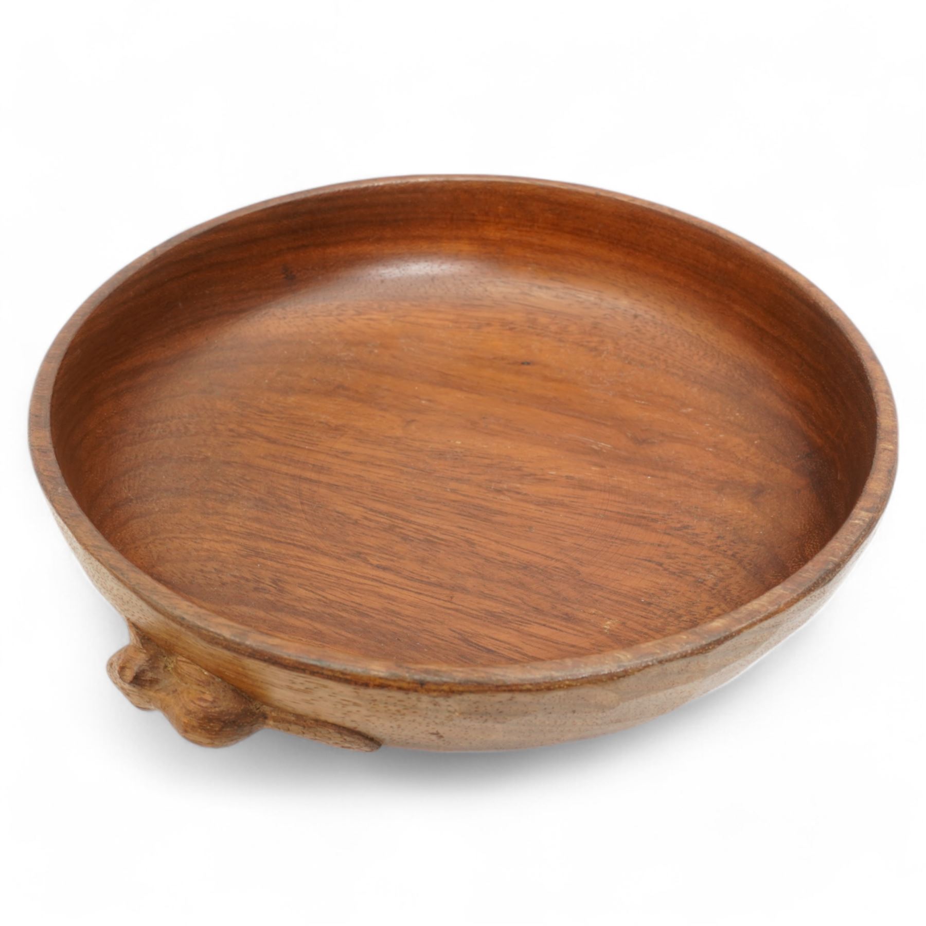 Beaverman - mahogany circular fruit bowl, tooled outer edge carved with beaver signature, by Colin Almack, Sutton-under-Whitestone Cliffe, Thirsk