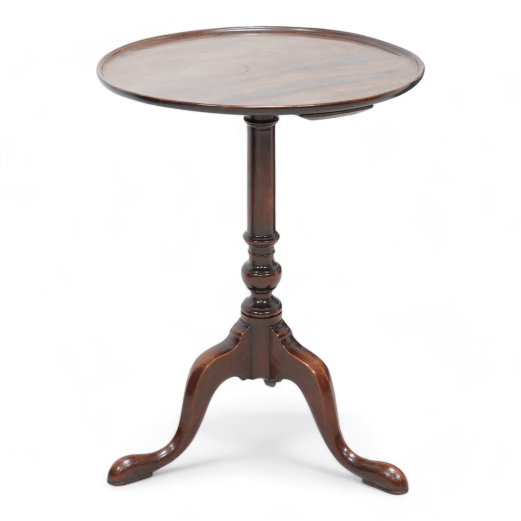 George III mahogany wine table, the circular dished top raised on a turned pedestal, terminating to a tripod base with splayed supports 