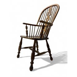 19th century elm Windsor armchair, high hoop back with central pierced splat over shaped s...