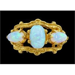 Silver-gilt three stone opal ring, stamped