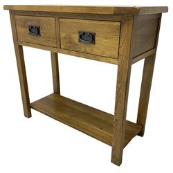 Light oak console table, rectangular top over two drawers, on rectangular supports united by under-tier