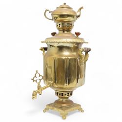 Russian brass Samovar, the twin handled body raised on square plinth, with integrated teapot, H53cm 