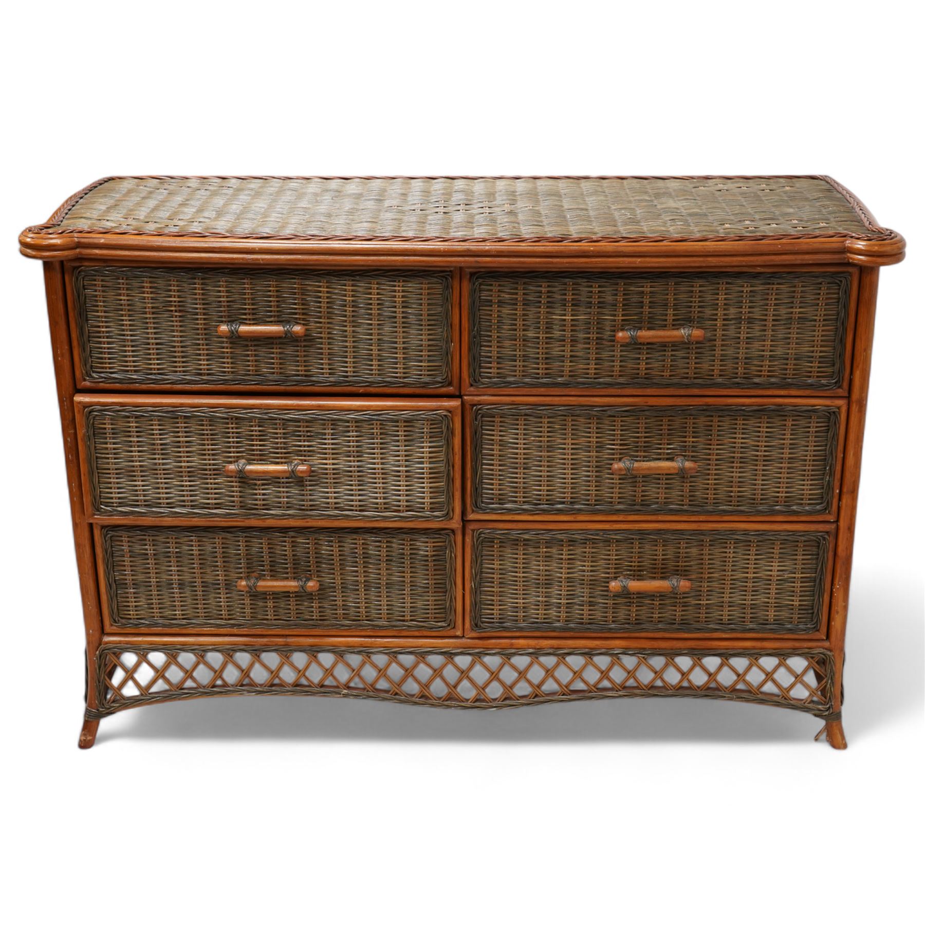 20th century rattan and cane chest in neutral tones, fitted with six drawers, lattice woven apron over splayed feet