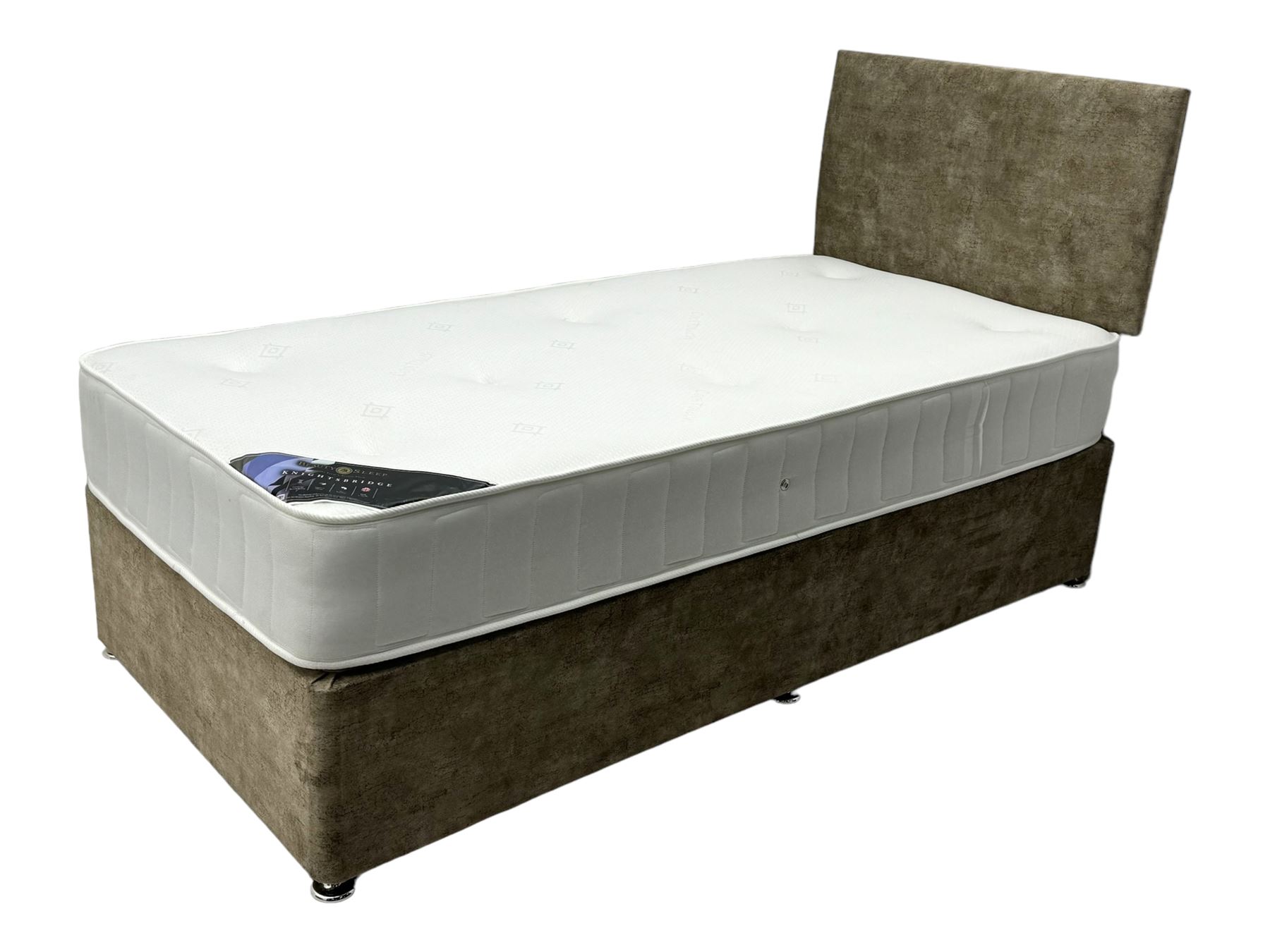 Single size divan bed, upholstered in light gold fabric with high padded headboard; with Beauty Sleep 'Knightsbridge' 13.5 Gauge Bonnell sprung mattress (190 x 95 x 23cm)