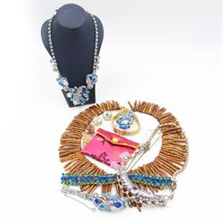 Silver-gilt and enamel life guard brooch, hallmarked, costume jewellery, to include matching floral bracelet, clip on earring and necklace set, set with coloured paste stones, fringe necklace with silver-gilt clasp, Austrian crystal blue and green bracelet, pale blue paste set fringe necklace, pair of clip on earrings, stamped Marvella and a ladies Rotary wristwatch etc 