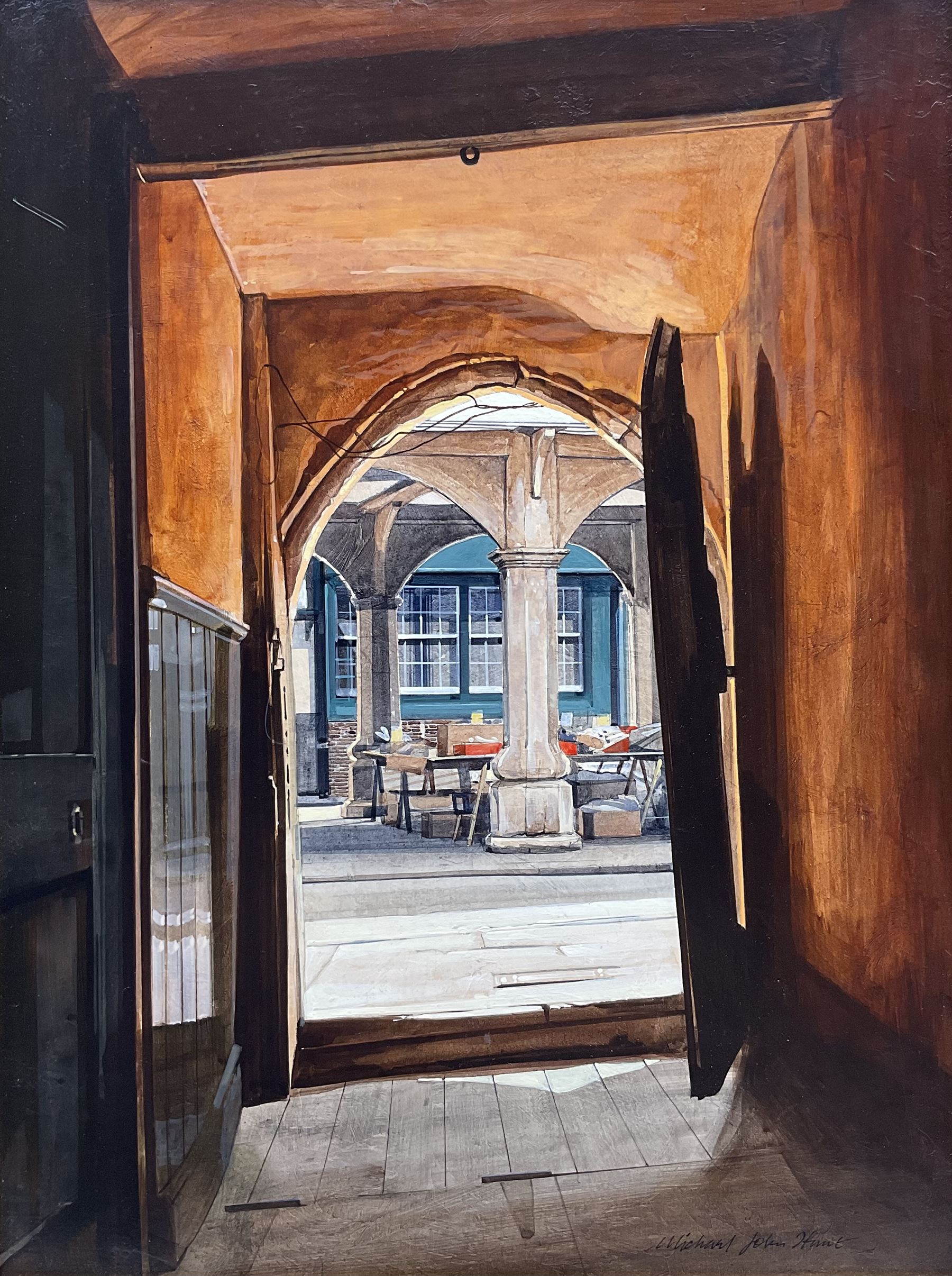 Michael John Hunt (British 1941-): The Courtyard, oil on board signed 39cm x 29cm