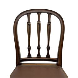 Set of six early 20th century Hepplewhite design mahogany dining chairs, moulded arched frame back, three shaped vertical rails carved with stylised foliate decoration, drop-in seats upholstered in brown fabric within moulded seat rails, on acanthus leaf carved cabriole supports with paw carved terminals 