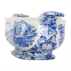 19th century Don Pottery blue and white transfer printed tureen and cover, decorated in the Named Italian Views Series pattern, with a view from The Augustini to one side, and Brundisium to the other, of oblong form with twin scroll handles and blue lion finial to the cover, with printed mark beneath, H21cm W32cm