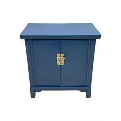 20th century Chinese blue lacquered cabinet, rectangular top over double doors with brass latch, interior fitted with shelves, on square supports