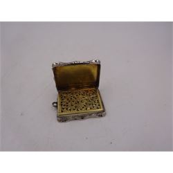 Victorian silver vinaigrette, with bright cut scrolling decoration and engraved name to hinged cover, the gilt interior with typical pierced cover, hallmarked Nathaniel Mills, Birmingham 1848, W4.2cm