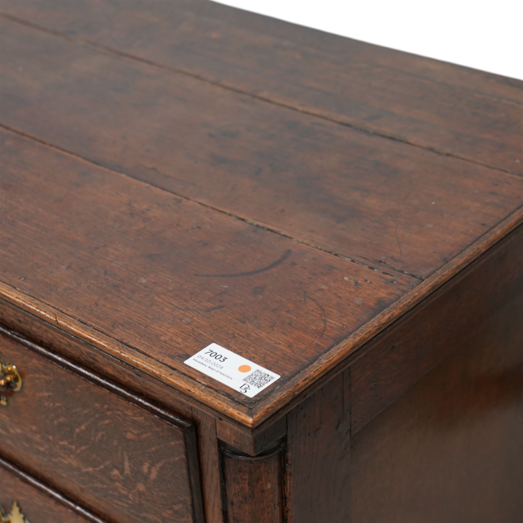 18th century oak chest, rectangular protruding top with moulded edge, fitted with two short over two long drawers, flanked by quarter-canted plain pilasters, raised on shaped bracket feet