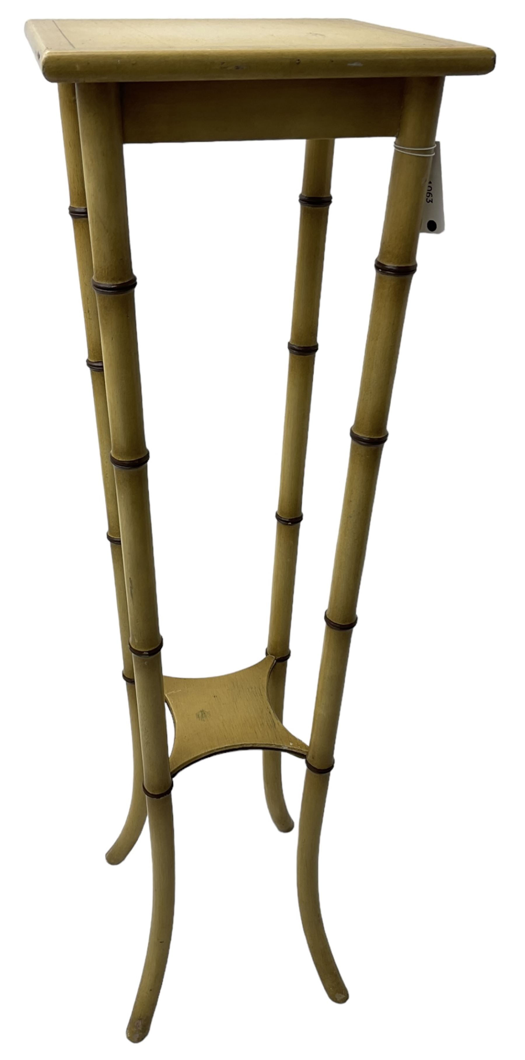 Simulated bamboo torchère or plant stand, square top on splayed simulated bamboo supports united by undertier 