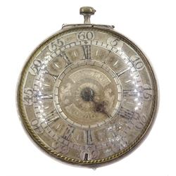 18th / early 19th century silver pair cased verge fusee pocket watch by Francis Green, London, pierced and engraved balance cock, silver champleve dial with gilt border, Roman hours and outer Arabic minute ring, dial signed Green London