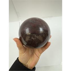 Pair red marble sphere with white and black veins, D10cm 