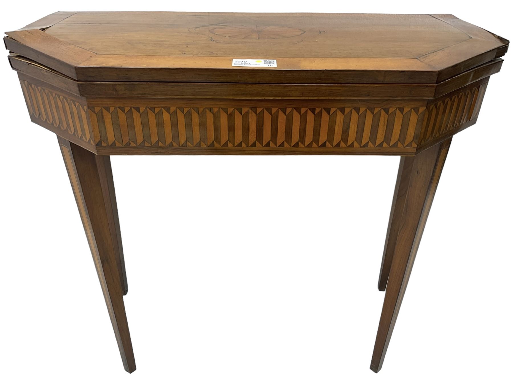 19th century inlaid mahogany card table, rectangular fold-over top with canted front corners, decorated with banded and strung edge with central inlaid fan motif, frieze decorated with geometric inlay, over a single action gate-leg base with square tapering supports