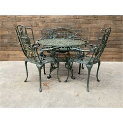 Cast iron garden dining set, comprising ornate circular table (D91cm, H68cm) a two seater ...