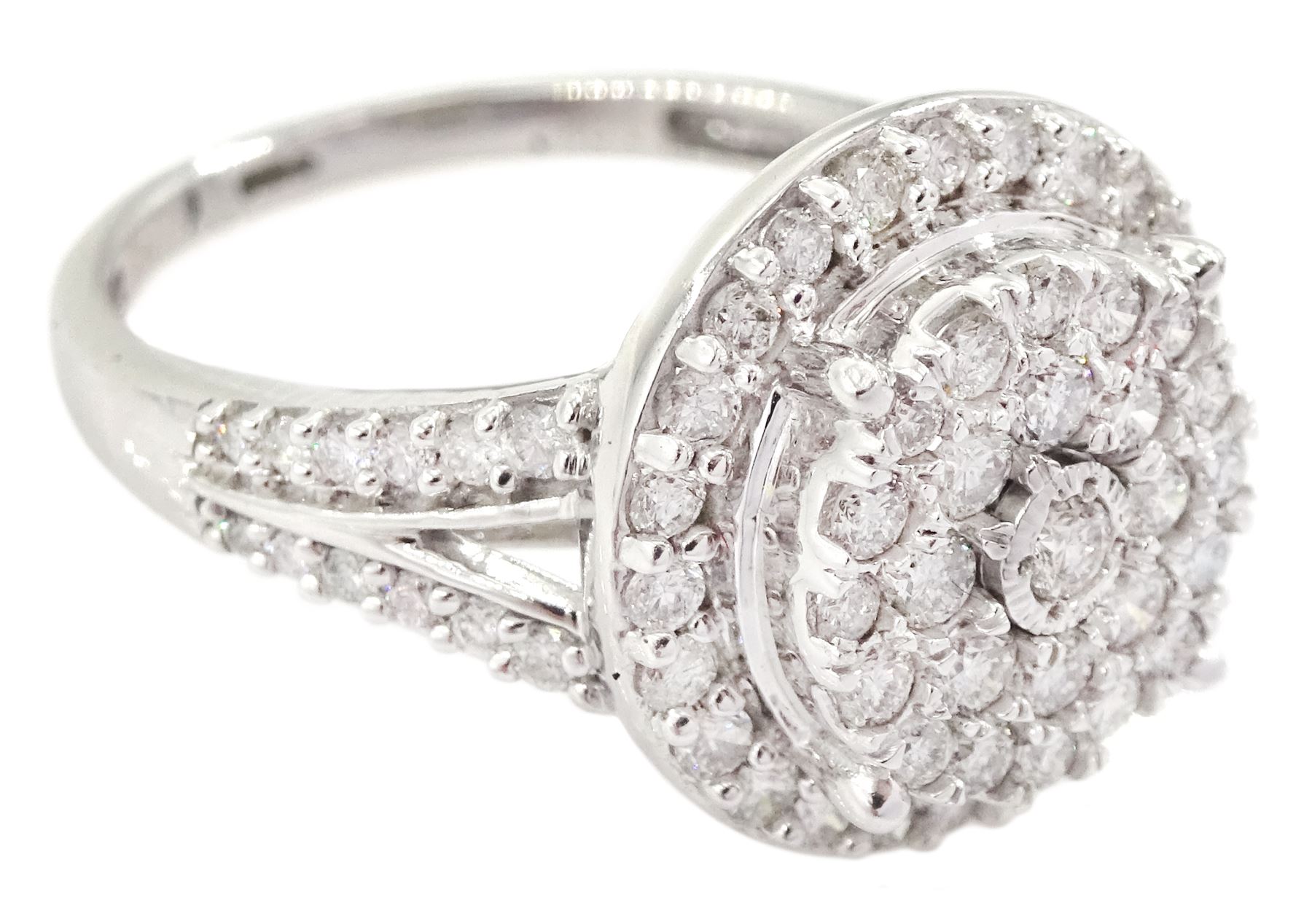 White gold round brilliant cut diamond circular cluster ring, hallmarked 9ct, total diamond weight approx 1.00 carat