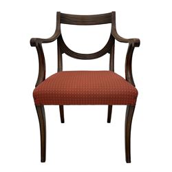 Set of six (4+2) George III design mahogany dining chairs, curved reed moulded bar back over curved and reeded middle rail, upholstered in red fabric with repeating pattern, on moulded sabre supports 