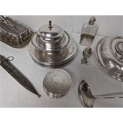 Glass hip flask, with silver cap/collar and plated cup and a silver topped pepper shaker, together with silver plated items including place mats, coasters, serving dishes, etc