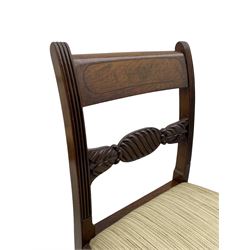 Georgian design set of six (6+2) mahogany dining chairs, the bar cresting rail inlaid with figured mahogany panel, shaped twist lobe carved middle rail with extending stylised leaf decoration, upholstered drop-in seat, on turned front supports 