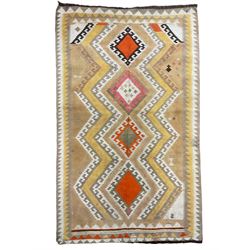 South West Persian Qashgai Kilim, mustard ground and decorated with geometric lozenges and borders 