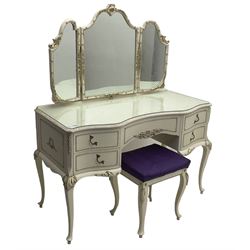 Mid 20th century French style dressing table, triple mirror back and serpentine front with gilt moulded edges, over five drawers with floral and foliate motifs, on cabriole supports; matching stool (2)