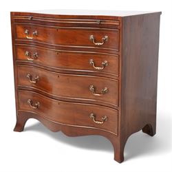 Georgian design yew wood serpentine chest, crossbanded top over brushing slide and four graduating cock-beaded drawers, brass swan neck handles and circular plates, shaped apron with splayed bracket feet 