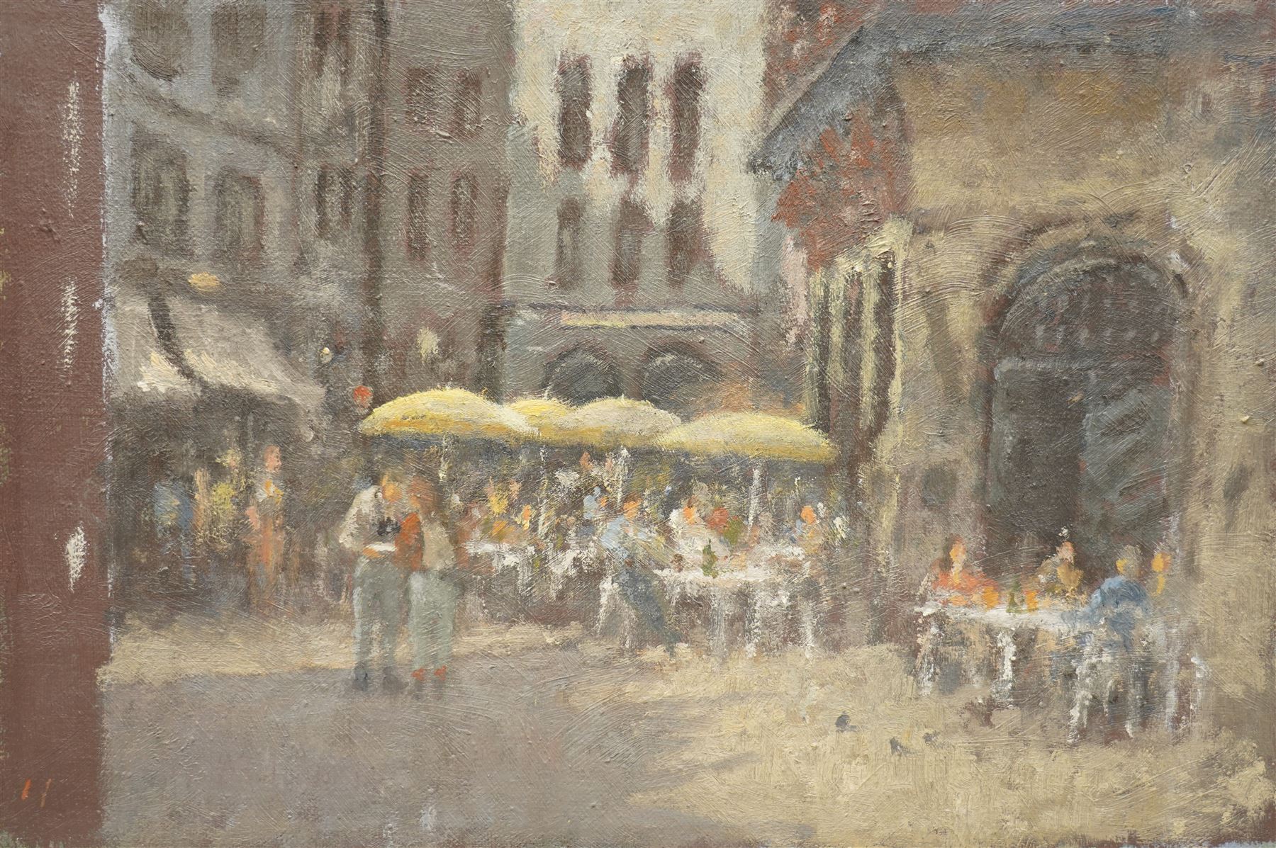 William Burns (Northern British 1923-2010): 'The Street Cafe', oil on canvas signed, titled verso 26cm x 38cm (unframed) Provenance: Direct from the family of the artist. 
Notes: Born in Sheffield in 1923, William Burns RIBA FSAI FRSA studied at the Sheffield College of Art before the outbreak of the Second World War, during which he helped illustrate the official War Diaries for the North Africa Campaign, and was elected a member of the Armed Forces Art Society. On his return, he studied architecture at Sheffield University and later ran his own successful practice, being a member of the Royal Institute of British Architects. However, painting had always been his self-confessed 'first love', and in the 1970s he gave up architecture to become a full-time artist, having his first one-man exhibition in 1979.