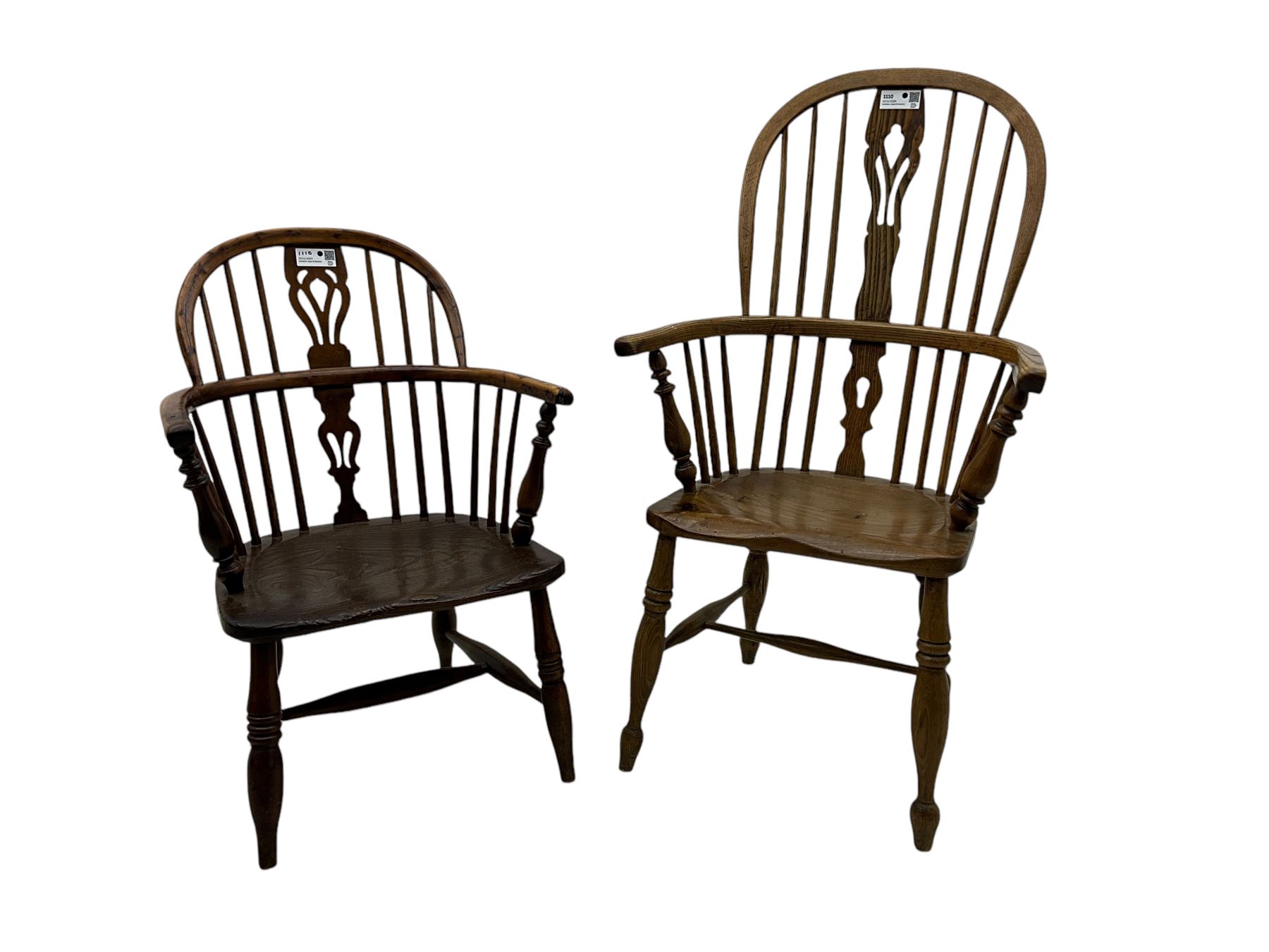 19th century elm and ash Windsor armchair, double hoop and stick back with shaped and pierced splat, on turned supports united by swell-turned H-stretchers (W60cm, H108cm); 19th century elm and yew wood Windsor chair (W57cm) (2)