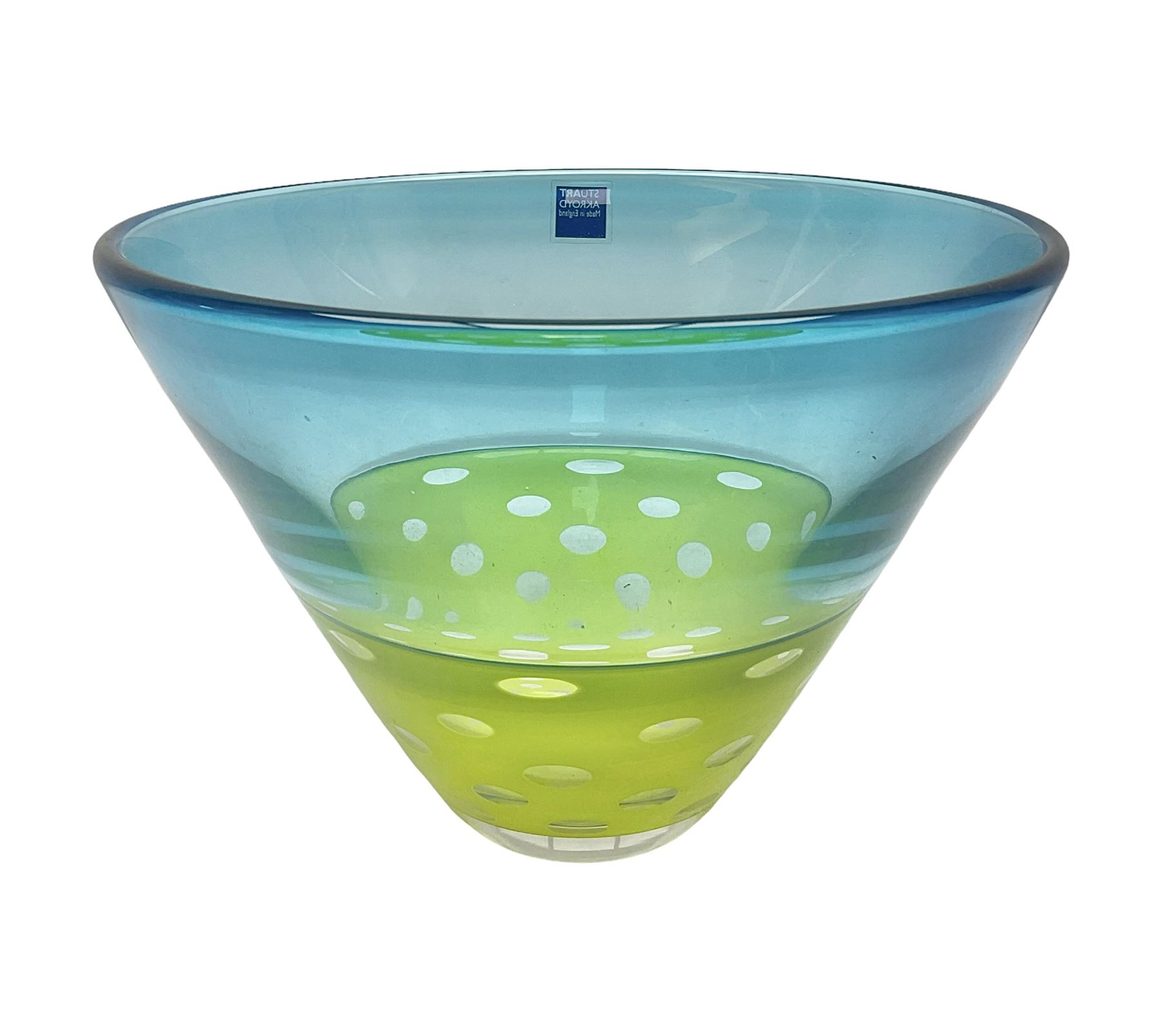 Stuart Akroyd glass vase, blue banded top and lime green opaque lower section with bubble inclusions, with sticker and engraved signature beneath, H15cm