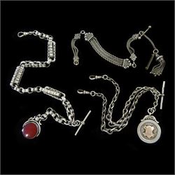 Victorian silver fancy link Albert chain, with silver bloodstone and carnelian fob, later ...