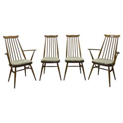 Lucian Ercolani for Ercol - set of four (2+2) 1960s elm and beech dining chairs, high comb back with shaped cresting rail, on turned splayed supports united by swell-turned stretchers 