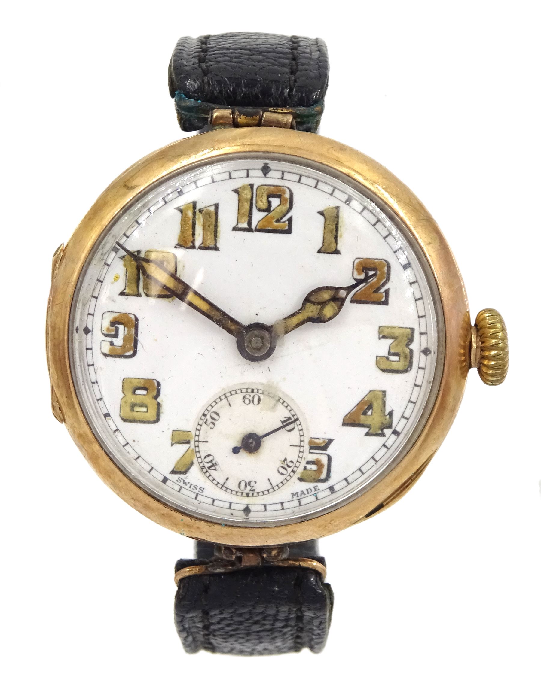 WWI 9ct gold wristwatch, white enamel dial with luminous hands and Arabic hour markers, case by Arthur George Rendell, London import mark 1915, on black leather strap