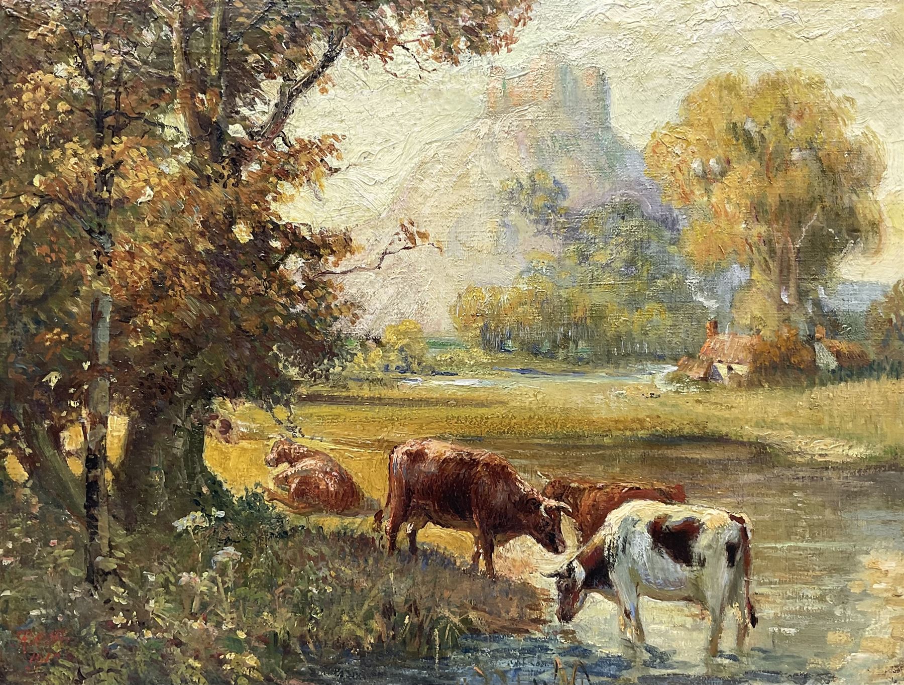 R A R* (19th/20th century): Hilltop Castle with Cattle Watering in the Foreground, oil on canvas laid on board initialled and dated 1910, 32cm x 42cm