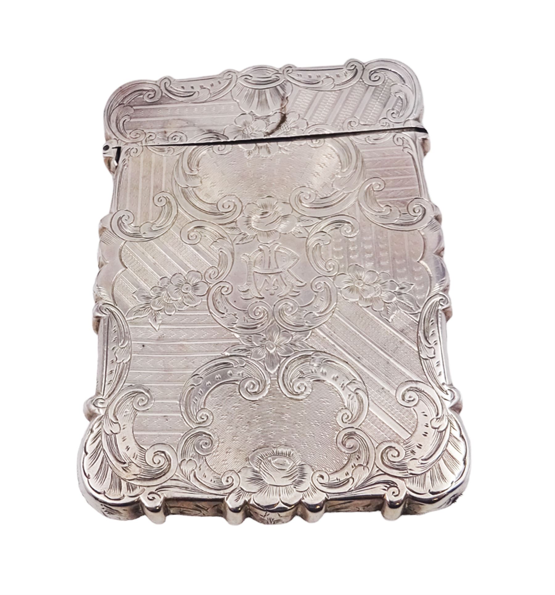 Victorian silver card case, of rectangular form with shaped edges, engine turned and floral decoration, with engraved hallmarked Nathaniel Mills, Birmingham 1845, H10cm