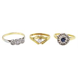 Early 20th century 9ct gold and platinum three stone old cut diamond ring, later 18ct gold...