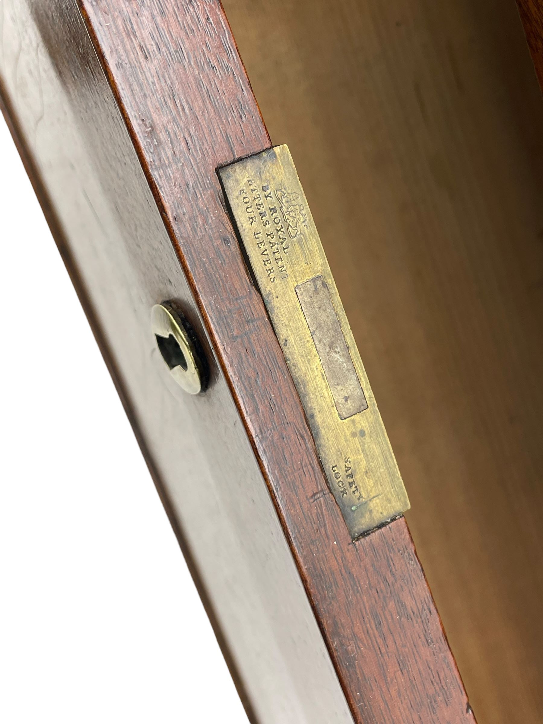 George III mahogany chest, rectangular ebony strung top, fitted with three graduating cock-beaded drawers with oval pressed brass handle plates and demi-lune handles, on tall bracket feet 