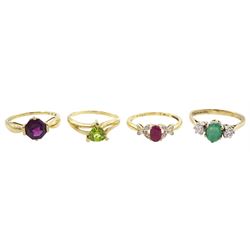 Four 9ct gold stone set rings including ruby and diamond and peridot, all hallmarked