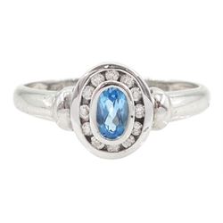 9ct white gold oval cut blue topaz and round brilliant cut diamond ring, hallmarked