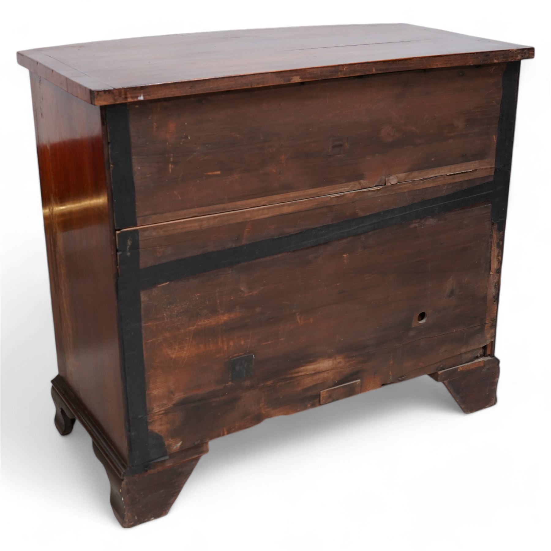 George III mahogany bow-fronted wine chest, banded top over two short and single long drawer, the two short drawers with baize lining and divisions, on ogee bracket feet 