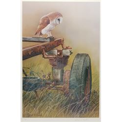 Robert E Fuller (British 1972-): 'Barn Owl on a Trailer', limited edition colour print signed and numbered 390/850  in pencil 48cm x 32cm