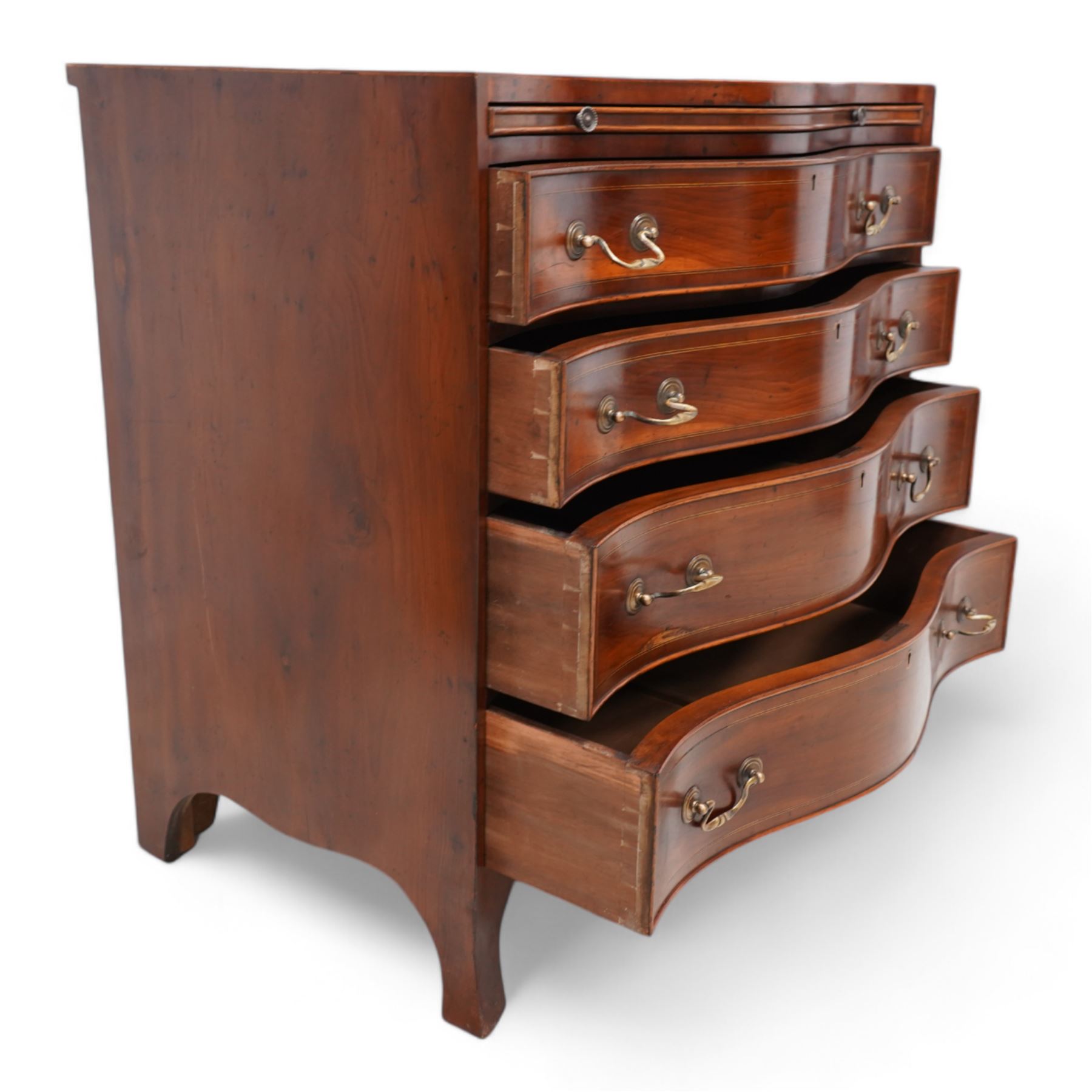 Georgian design yew wood serpentine chest, crossbanded top over brushing slide and four graduating cock-beaded drawers, brass swan neck handles and circular plates, shaped apron with splayed bracket feet 