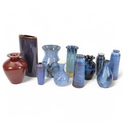 Collection of studio pottery, including pair of blue speckled vases, two blue glazed vases...