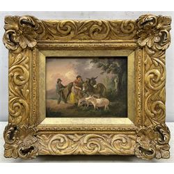 Julius Caesar Ibbetson (British 1759-1817): Children with Donkeys and Pigs, oil on panel unsigned, printed label verso 12cm x 16cm