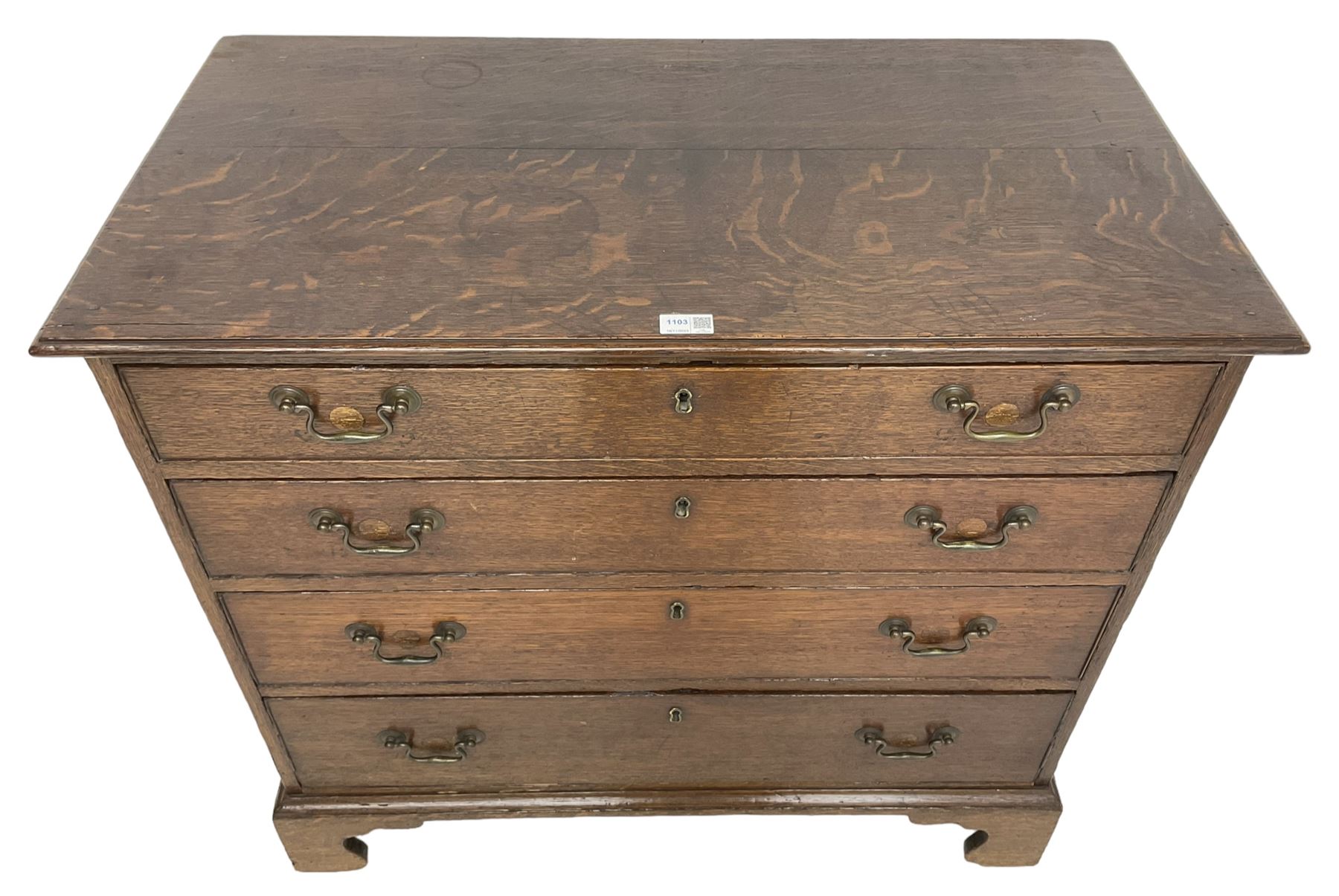 George III oak chest, moulded rectangular top over four long cock-beaded drawers, on bracket feet